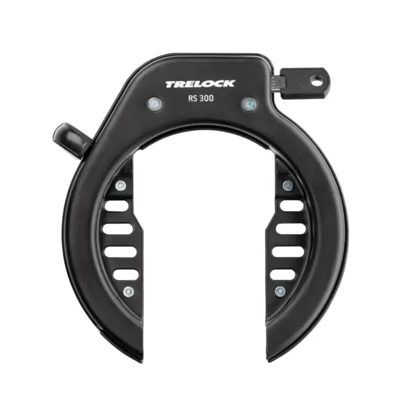 Schwarz lackiertes Trelock RS 300 NAZ Rahmenschloss mit integriertem Schlüssel und Befestigungspunkten.