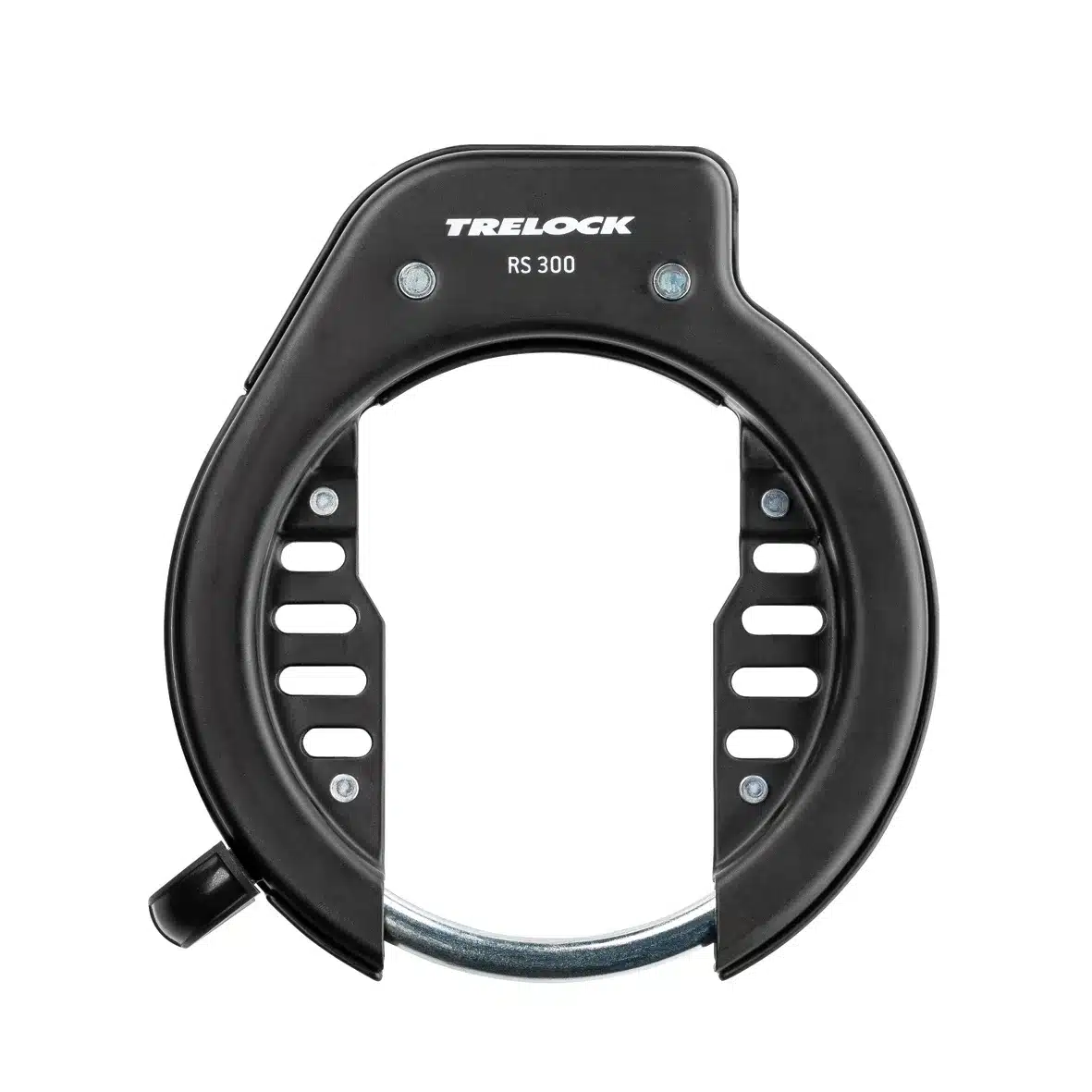 Trelock RS 300 NAZ Rahmenschloss mit Flex Mount Halterung, montiert und bereit zur Verwendung, um ein Fahrrad am Rahmen zu sichern.