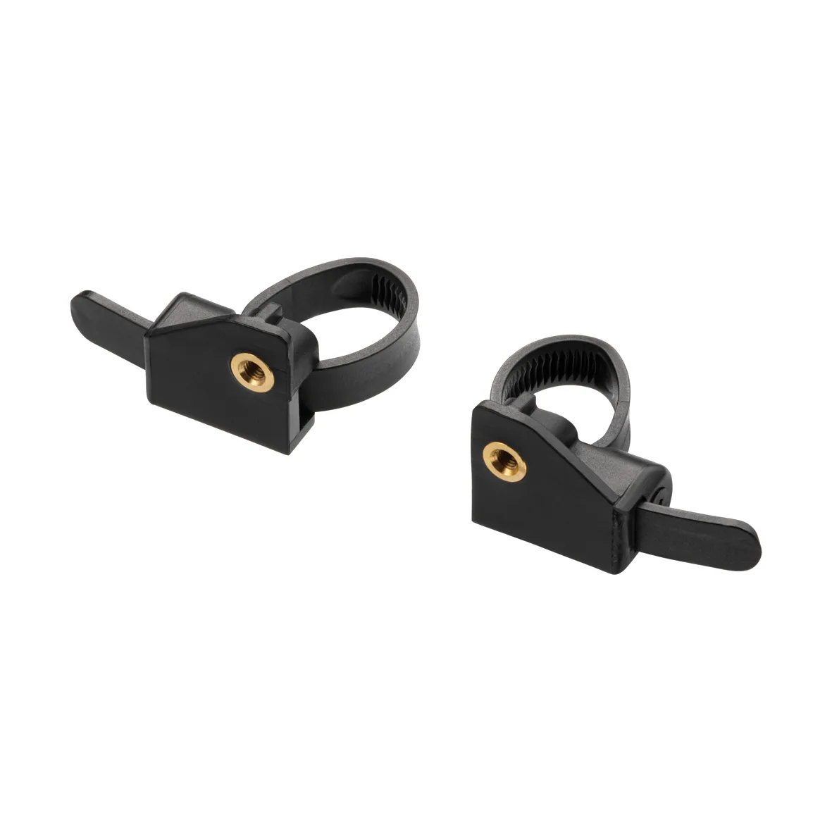 Zwei schwarze Halterungen für Fahrrad-Rahmenschlösser mit Flex Mount System, montierbereit.