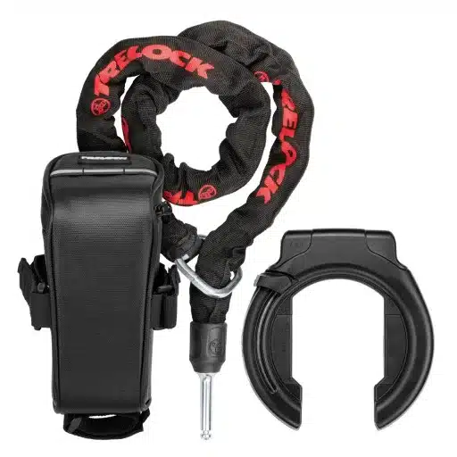 Trelock RS 453 Balloon AZ Rahmenschloss mit ZR 355 Plug-in-Kette und Satteltasche, alle Komponenten in Schwarz.