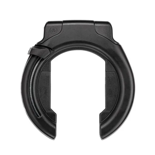 Ein schwarzes Trelock RS 453 Balloon Rahmenschloss isoliert vor einem weißen Hintergrund.