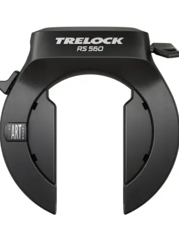 Trelock RS 560 NAZ Rahmenschloss, ein schwarzes Fahrradschloss, das am Fahrradrahmen montiert wird, um das Hinterrad zu blockieren.
