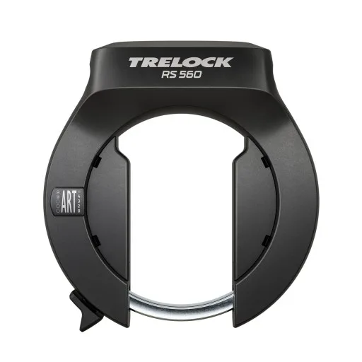 Schwarz pulverbeschichtetes Trelock RS 560 NAZ Rahmenschloss, das am Fahrradrahmen montiert wird, um das Hinterrad zu blockieren.
