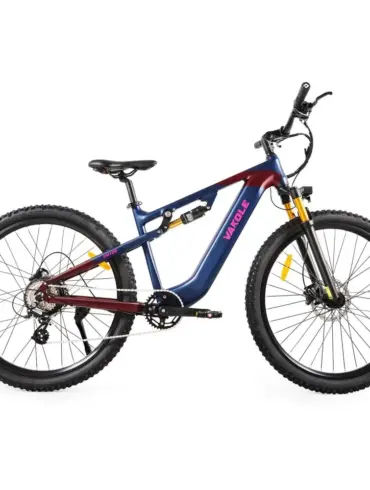 Vakole EMT29 E-Mountainbike in blau und rot, vollgefedert, mit 29-Zoll-Rädern