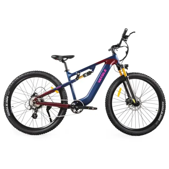 Vakole EMT29 E-Mountainbike in blau und rot, vollgefedert, mit 29-Zoll-Rädern