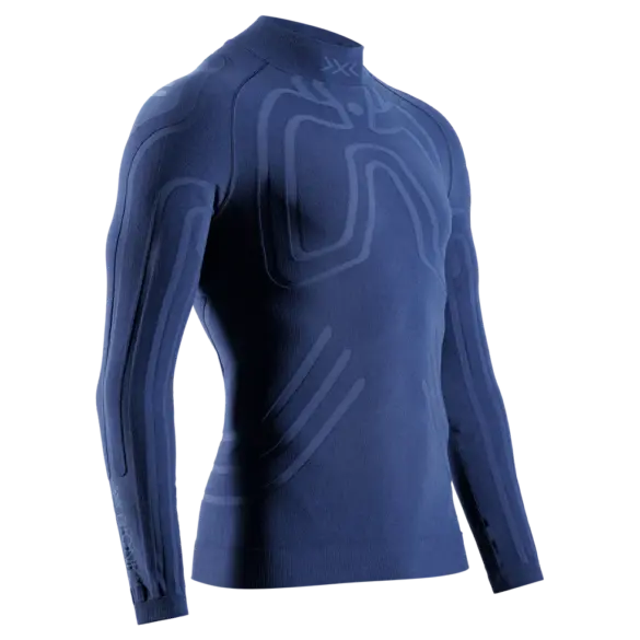 Blaues langärmeliges Funktionsunterhemd für Herren von X-BIONIC mit Heatloop-Isolierung und Air-Conditioning Channel, geeignet für Wintersport und Radfahren.