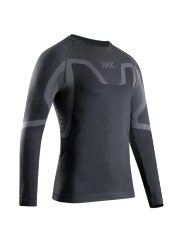 Dunkelgraues Langarm-Baselayer-Shirt für Herren mit deztem X-Bionic-Logo auf der Brust und dunkleren Akzenten an Schultern und Armen.