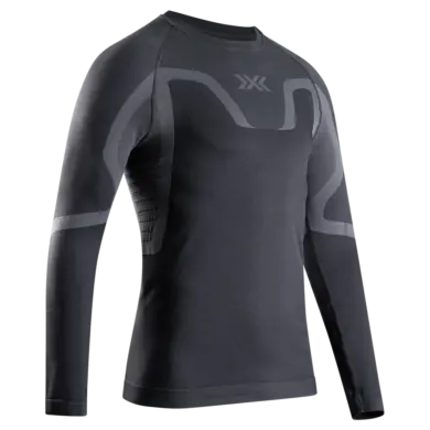 Dunkelgraues Langarm-Baselayer-Shirt für Herren mit deztem X-Bionic-Logo auf der Brust und dunkleren Akzenten an Schultern und Armen.