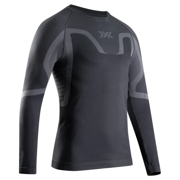 Dunkelgraues Langarm-Baselayer-Shirt für Herren mit deztem X-Bionic-Logo auf der Brust und dunkleren Akzenten an Schultern und Armen.