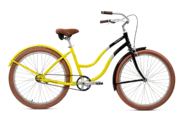 Seitenansicht eines gelben und schwarzen Cruiser-Fahrrads mit braunen Akzenten, das für den Stadtverkehr konzipiert ist.