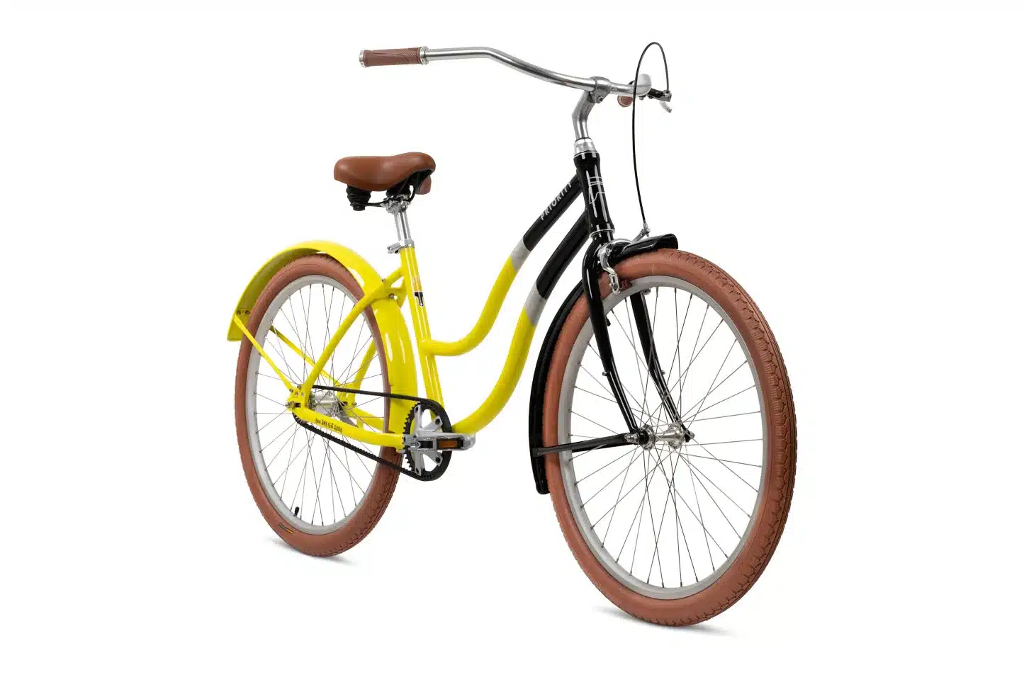 Ein gelb-schwarz lackiertes Cruiser-Fahrrad mit braunen Reifen und Sattel, abgebildet auf weißem Hintergrund.