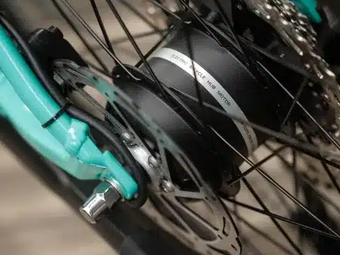 Nahaufnahme des schwarzen Hinterradnabenmotors eines Bulls Clunker Evo E-Bikes, mit sichtbaren Speichen, Bremsscheibe und türkisfarbenem Rahmen. Die Beschriftung
