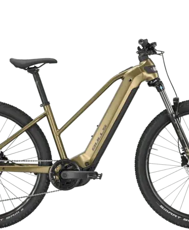 Seitenansicht eines goldenen BULLS Copperhead EVO 27,5 E-Mountainbikes mit Bosch Motor.