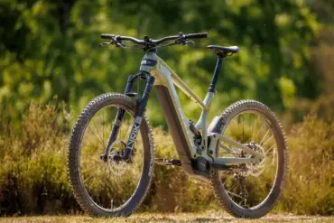 Bulls Copperhead EVO AM 2 E-Mountainbike in olivgrüner Lackierung, mit Federgabel und voller Federung, steht auf einem Feldweg im Grünen.