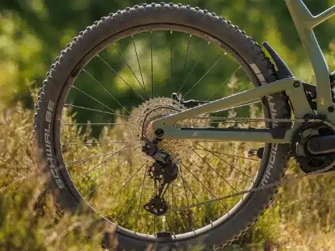 Detailansicht des Hinterrads eines grünen E-Mountainbikes mit Kette, Kassette, Schaltwerk und