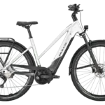 Seitenansicht eines silbernen Bulls Cross Lite EVO 1 Trapez E-Bikes mit Vollfederung, Gepäckträger und breiten Reifen.