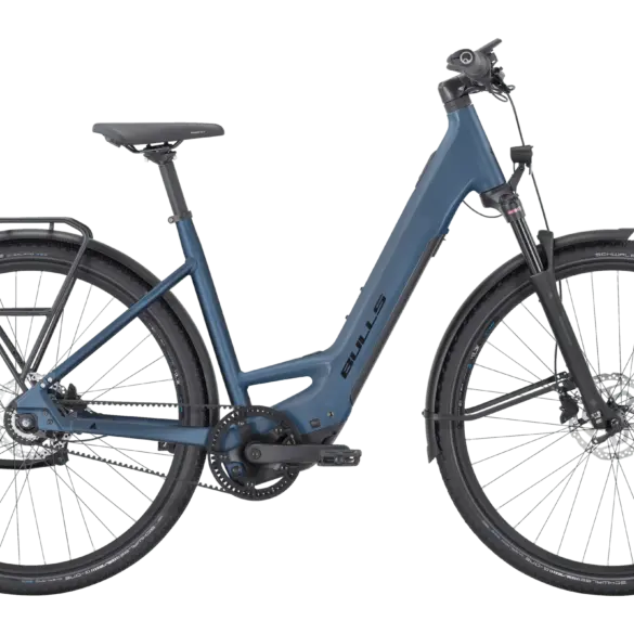 Blaues BULLS CROSS LITE EVO SX Belt 2025 E-Crossbike in Wave-Form mit Gepäckträger und Schutzblechen