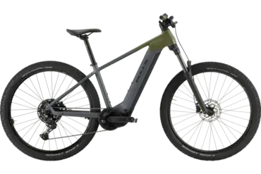 Seitenansicht eines BULLS EVO CX 2 Diamant E-Hardtails in Grau und Dunkelgrün.