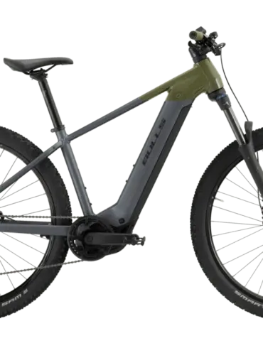 Seitenansicht eines BULLS EVO CX 2 Diamant E-Hardtails in Grau und Dunkelgrün.