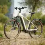 Cremefarbenes Bulls Iconic EVO 1 E-Bike mit breiten Reifen, Federgabel und Gepäckträger steht auf einem Feldweg im Grünen.