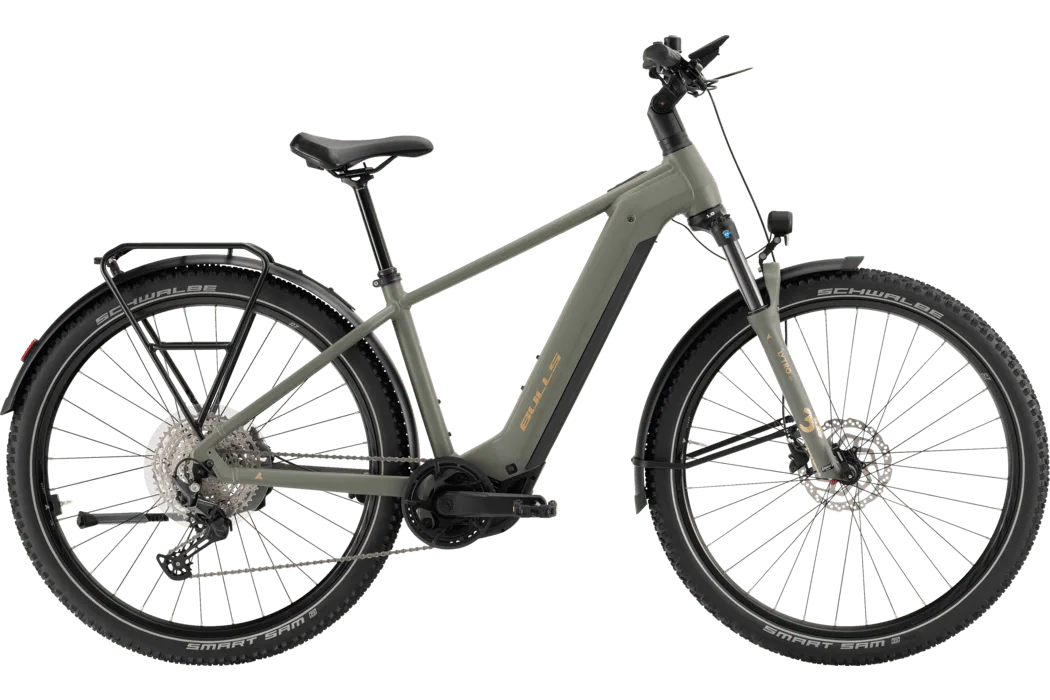 Seitenansicht eines grauen BULLS ICONIC EVO 2 2026 Trapez E-SUV mit Gepäckträger und Federgabel.