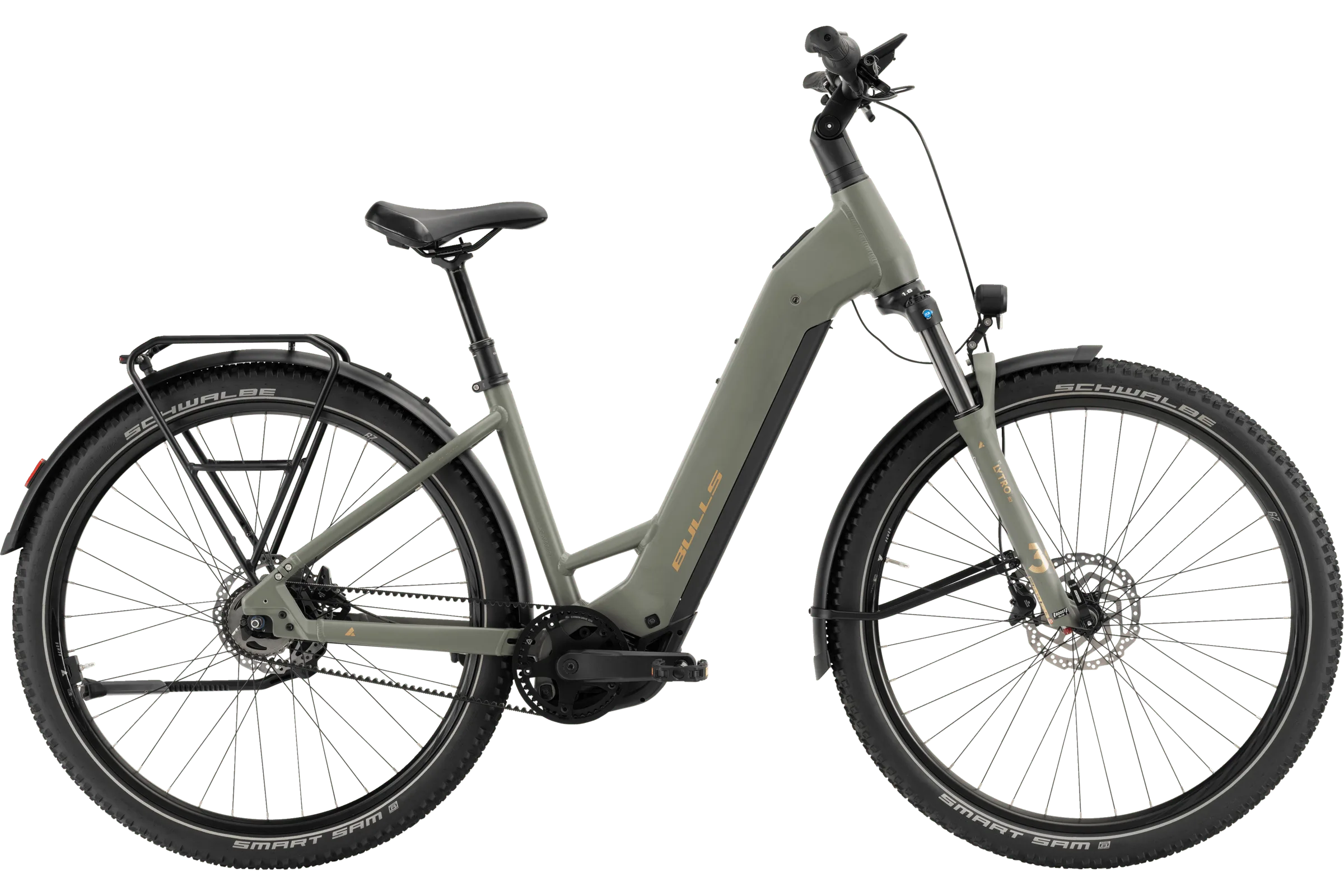 Graues BULLS Iconic EVO Belt 2026 Wave E-Bike mit Riemenantrieb und Bosch-Motor, ausgestattet mit breiten Reifen, Federgabel und Gepäckträger.