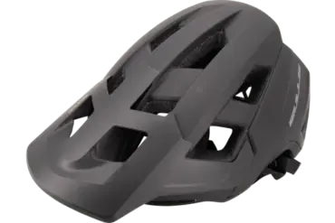 Schwarz gehaltener BULLS RidgeOne Mountainbike-Helm von der Seite gesehen, mit geöffneten Belüftungsöffnungen und dem typischen Visier.