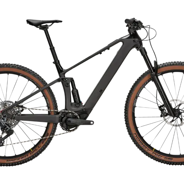 Seitenansicht des schwarzen BULLS Sonic AM-SX 2 E-MTBs mit voller Federung, Bosch SX Motor und Mavic Crossmax Laufrädern.