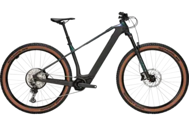 BULLS Sonic EVA SX 1 E-Mountainbike in Dunkelgrau mit braunen Reifen und silbernen Anbauteilen.