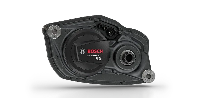 Detailansicht des Bosch Performance Line SX Mittelmotors für E-Bikes, gezeigt im schwarzen Gehäuse mit integrierter Motorabdeckung.