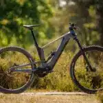 Graues E-Mountainbike Bulls Vuca EVO AM 1 mit Vollfederung und Pinion Getriebemotor, steht auf einem grasbewachsenen Untergrund im Wald.