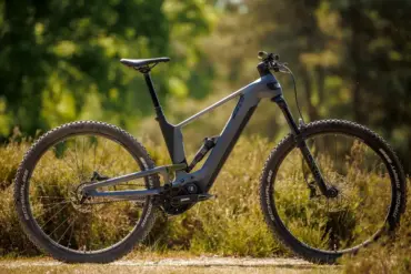 Graues E-Mountainbike Bulls Vuca EVO AM 1 mit Vollfederung und Pinion Getriebemotor, steht auf einem grasbewachsenen Untergrund im Wald.
