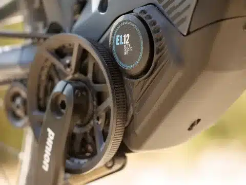 Detailansicht des Pinion Getriebemotors mit integriertem Display und dem Gates-Riemenantrieb an einem E-Mountainbike.