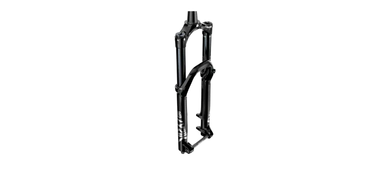 Eine schwarze Federgabel für ein Mountainbike, die Teil des Fahrwerks ist.