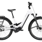 Seitenansicht eines weißen BULLS VUCA EVO FS 1 E-Bikes mit Vollfederung und Gepäckträger.
