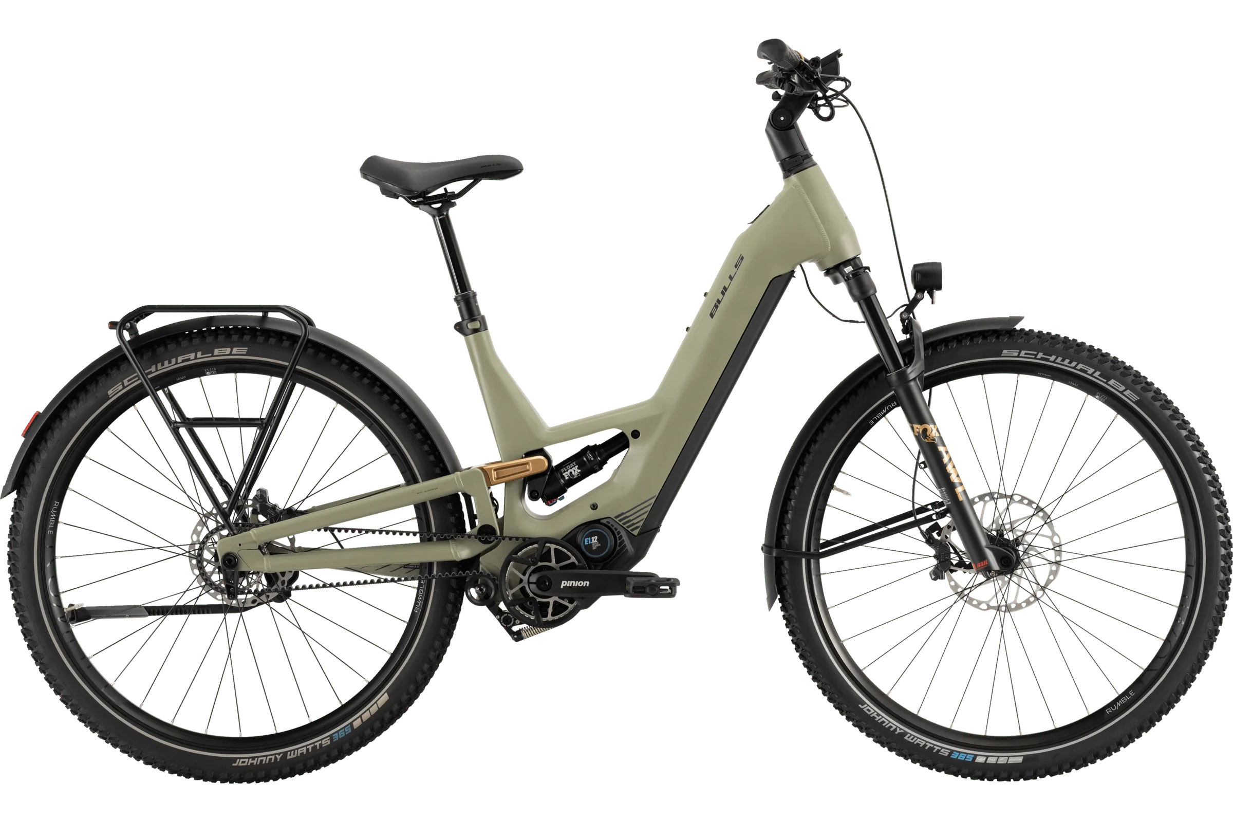 BULLS VUCA EVO FS 2 E-Bike in Khaki mit Gepäckträger und Federung.