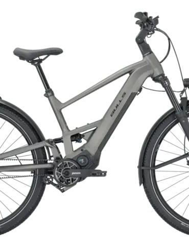 Graues BULLS VUCA EVO FSX 1 Wave E-Bike mit Pinion MGU und Gates Riemenantrieb
