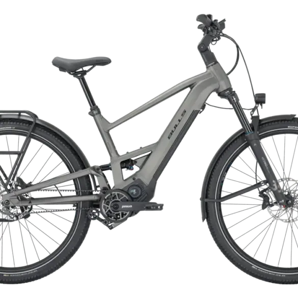 Graues BULLS VUCA EVO FSX 1 Wave E-Bike mit Pinion MGU und Gates Riemenantrieb