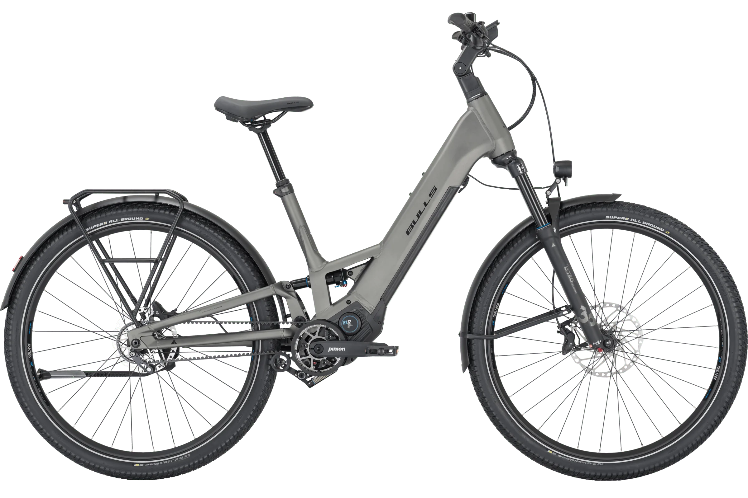 Graues BULLS VUCA EVO FSX 1 Wave E-Bike, gezeigt von der Seite auf einem einfarbigen Hintergrund.