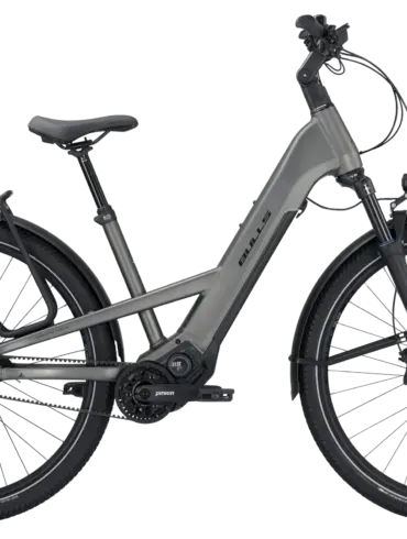 Seitenansicht eines grauen BULLS Vuca EVO X1 E-Bikes mit Pinion Getriebe und Riemenantrieb.