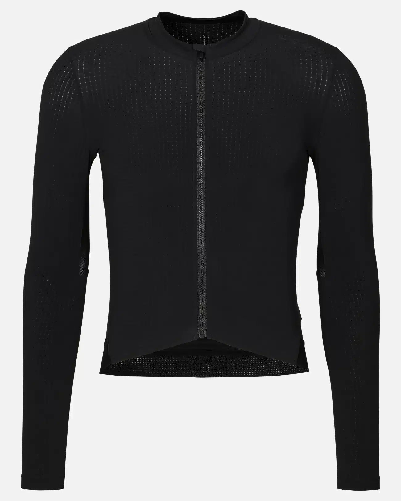 Ein schwarzes Canyon CFR Men's Longsleeve Cycling Jersey, Vorderansicht mit offenem Reißverschluss.
