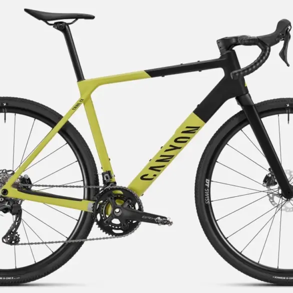 Seitenansicht eines Canyon Grail CF 7 Gravelbikes in leuchtgelb und schwarz.