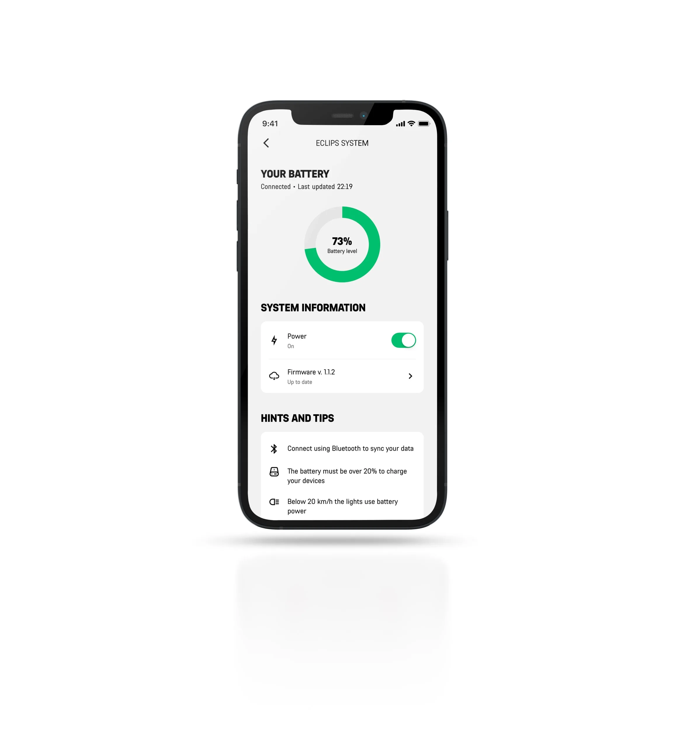 Screenshot einer Smartphone-App zur Anzeige des Akku-Status und der Systeminformationen des ECLIPS Systems mit 73% Akkustand.