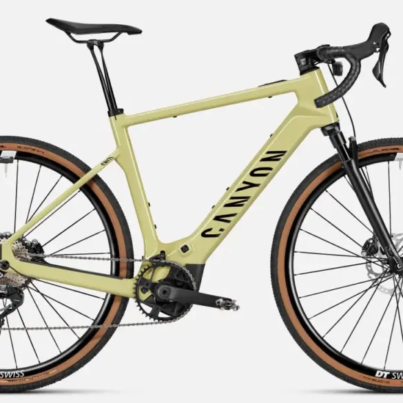 Seitenansicht eines Canyon Grizl:ONfly CF 7 E-Gravelbikes in der Farbe Grellow.