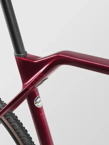 Rot lackierter Carbon-Rahmen eines Canyon Inflite CF SL 6 Fahrrads mit Nahtlos-Sitzrohr und Teilansicht eines Reifens mit Beschriftung.