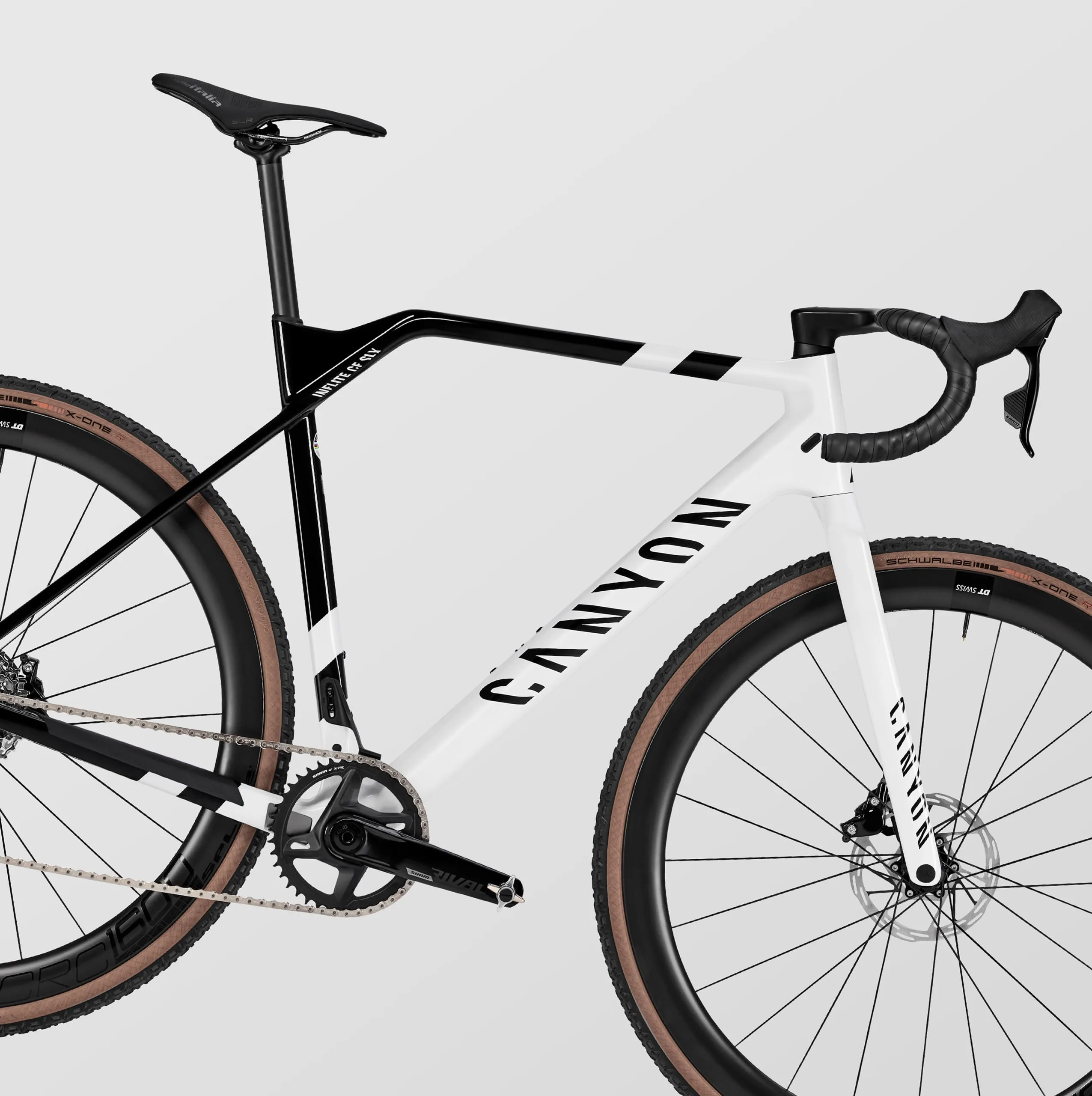 Seitenansicht eines Canyon Inflite CF SLX 7 Cyclocross-Rennrads in Weiß mit schwarzen Akzenten.