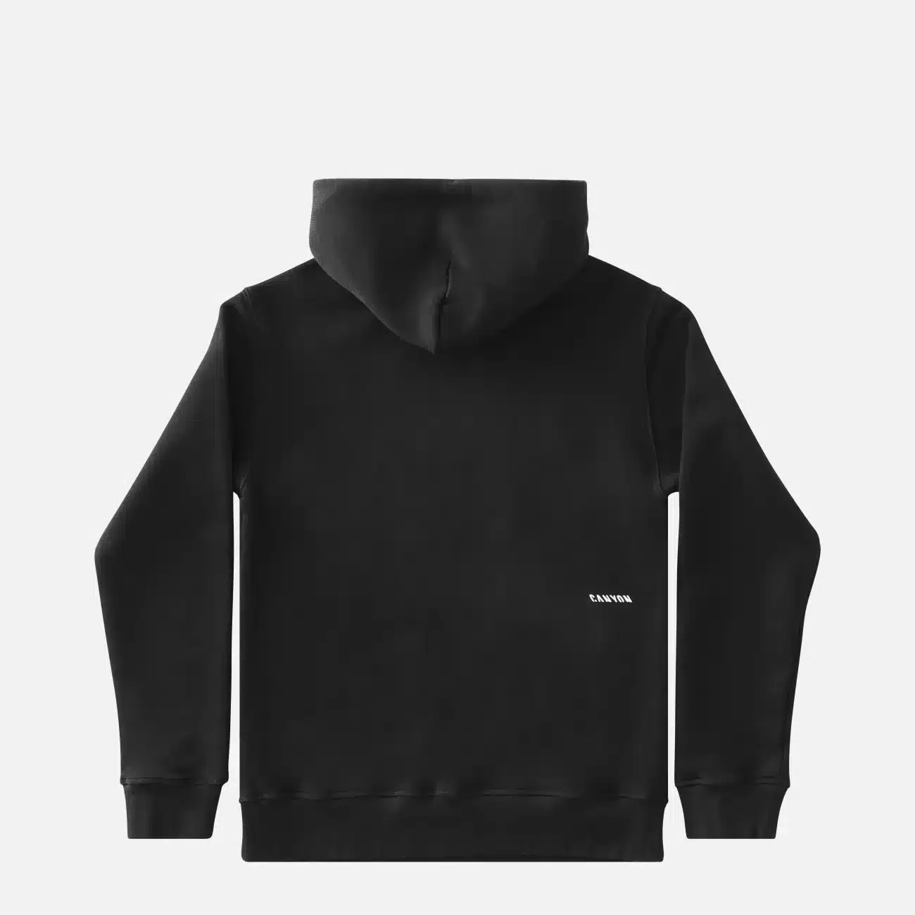 Rückansicht eines schwarzen Canyon Men's Hoodie mit weißem Canyon-Schriftzug auf der linken Seite.