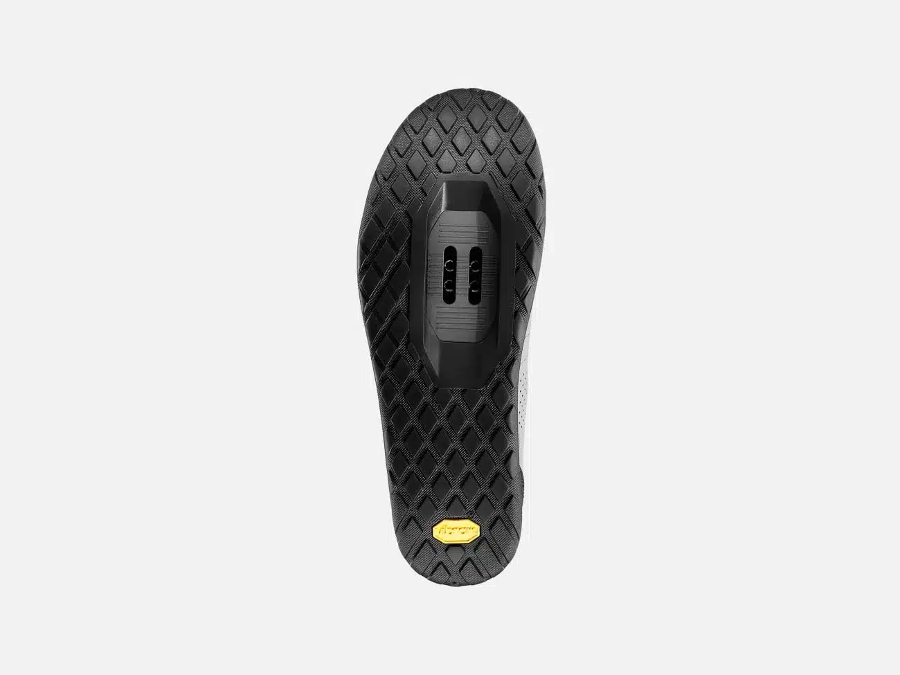 Unterseite eines Canyon Scampr Trail Cycling Shoes mit Fokus auf die Vibram-Außensohle und das Cleat-System.