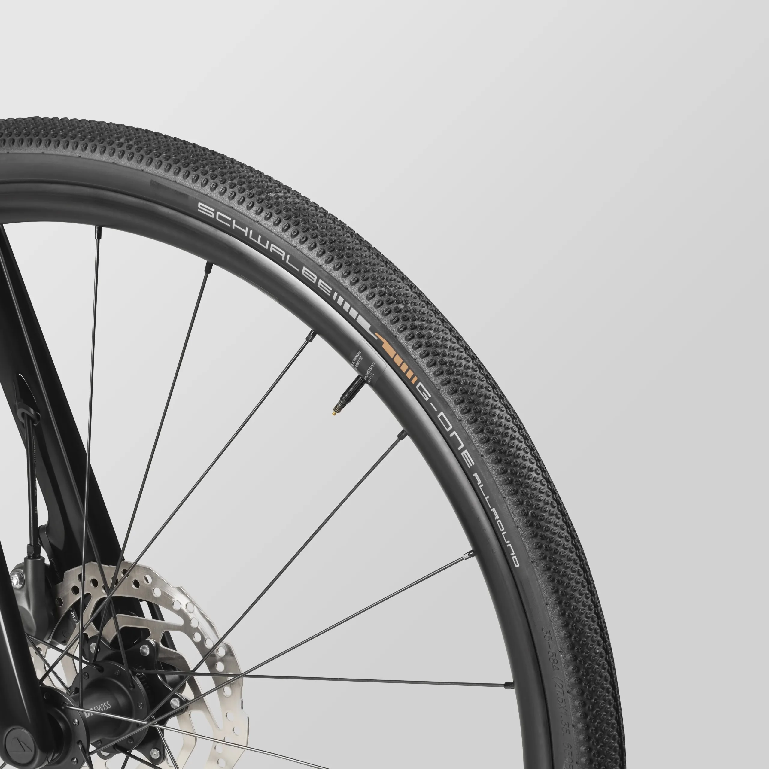 Nahaufnahme eines Fahrradrades mit Schwalbe G-One Allround Reifen, DT Swiss Felge und Shimano Scheibenbremse.