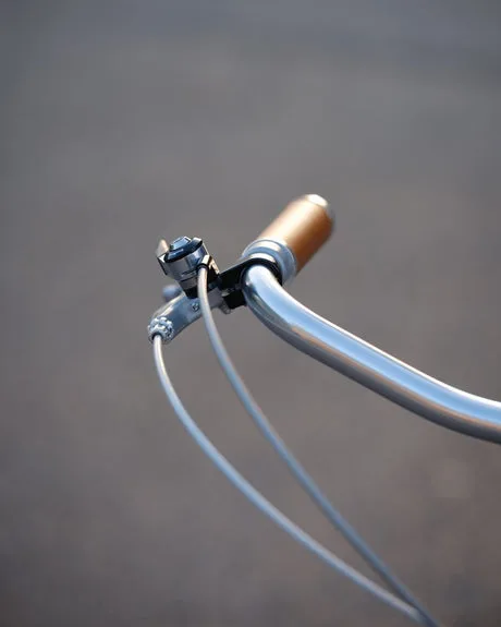 Detailansicht des Lenkers eines Fahrrads mit silbernem Lenker, honigfarbenen Griffen und einer Klingel.